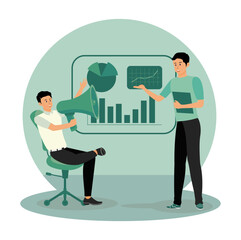 Marketing Campaign Management. Businessmen Discussing Data Insights with Chart and Graph Displayed.