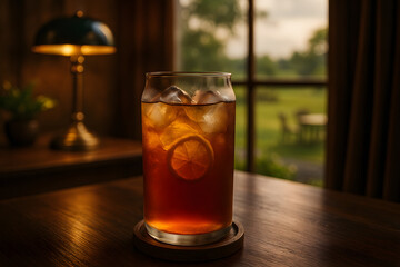 Refreshing iced lemon tea served in a clear glass with ice cubes and a lemon slice, placed on a wooden table with warm indoor lighting and a garden view