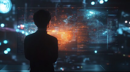 Person observing data on a large screen