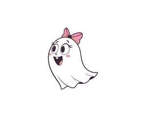 Cute Kawaii Ghost Girl with Big Eyes and Purple Bow  Happy Cartoon Halloween Character Illustration.
