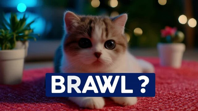 Cute kitten on a red carpet stares with wide eyes as large bold text 'BRAWL?' humorously floats in front, gradually breaking apart frame by frame.