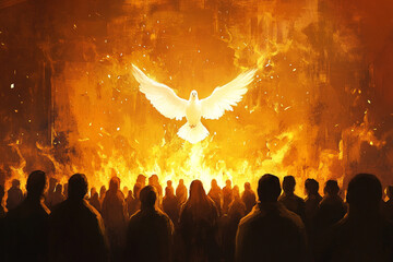 Pentecost. The descent of the Holy Spirit on the followers. People in front of a burning fire with white dove above them. Digital painting