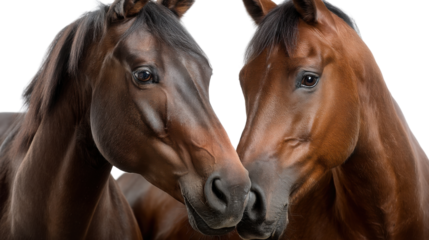 Equine Harmony: Two elegant horses, their heads gently touching, exude a sense of calm and companionship, capturing a moment of shared understanding in the stables.