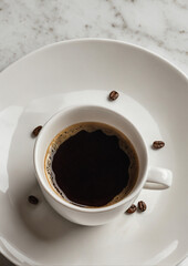  Aromatic black coffee in white cup surrounded by roasted coffee beans