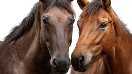 Obraz premium Harmony of Equine Companionship: Two majestic horses, showcasing their unique coats and gentle gaze, stand side by side in a moment of profound connection and natural beauty.