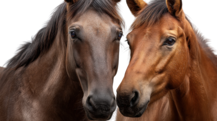 Harmony of Equine Companionship: Two majestic horses, showcasing their unique coats and gentle gaze, stand side by side in a moment of profound connection and natural beauty.