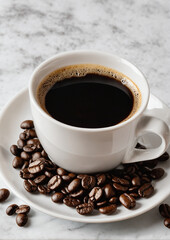  Aromatic black coffee in white cup surrounded by roasted coffee beans