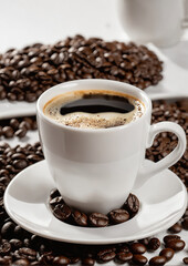  Aromatic black coffee in white cup surrounded by roasted coffee beans