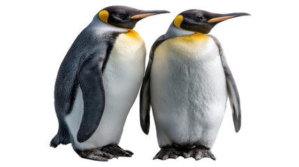 Fototapeta premium Emperor Penguin Duo: Two majestic Emperor Penguins stand side by side, a heartwarming display of companionship and Antarctic survival. These charming birds are set against a bright backdrop.