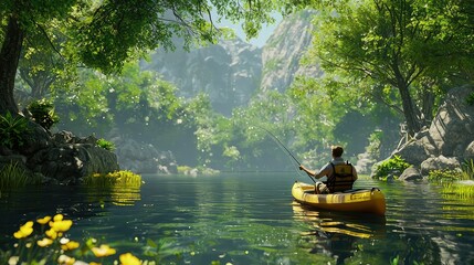A 3D character holding a fishing rod in a kayak, casting into a serene lake surrounded by lush, untouched nature.