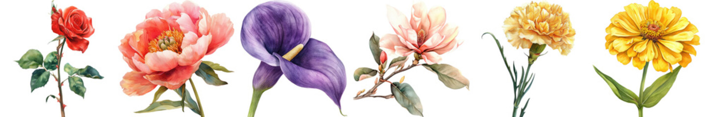 Beautiful Collection of Hand-Drawn Flowers Including Roses, Peonies, Irises, and Marigolds on Transparent Background