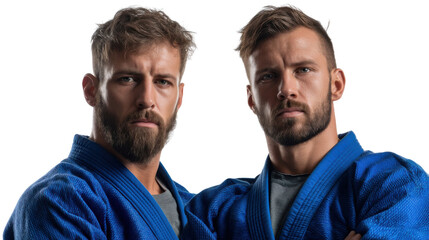 Men in Judo Uniform: Two determined men, clad in blue judo uniforms, stand shoulder-to-shoulder, their focused gazes conveying strength and resolve.