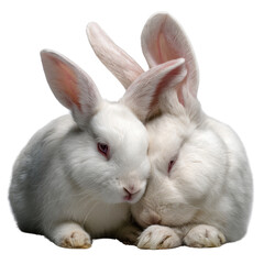 Fototapeta premium Cuddling Rabbits: Two pure white rabbits, their soft fur contrasting against a clean backdrop, snuggle together in a tender embrace. A captivating display of tenderness.