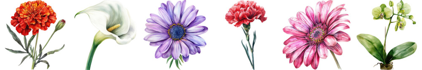 Vibrant Collection of Colorful Flowers Including Marigold, Calla Lily, Daisy, Carnation, Gerbera, Orchid