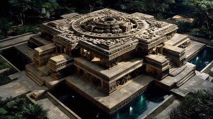 Archaeological reconstruction of ancient temples featuring axial mandala layouts stepped plinth sequencing and symbolic cosmic mountain vertical stratifications
