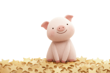 Adorable cartoon pig on starry background with cheerful expression, cut out