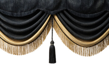 Luxurious black and gold curtain with elegant tassel and fringe details, cut out