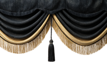 Luxurious black and gold curtain with elegant tassel and fringe details, cut out