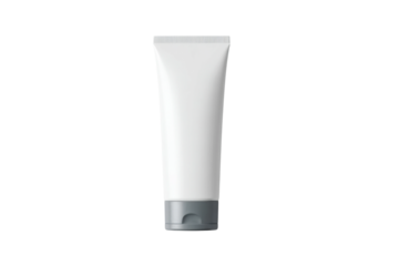 Blank white cosmetic tube with gray cap on white background, cut out