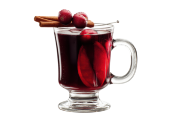Warm mulled wine with cinnamon sticks and cranberries in clear mug, cut out