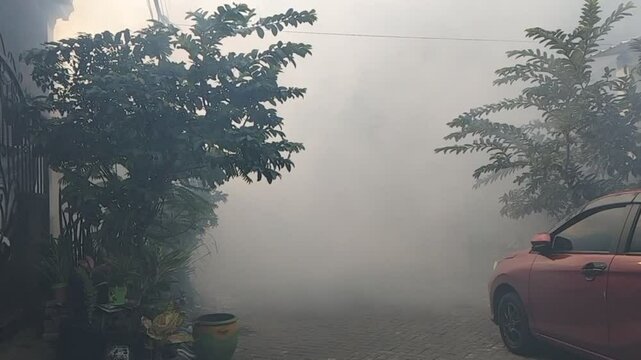 mosquito fogging in residential neighborhood, spray for dengue mosquite
