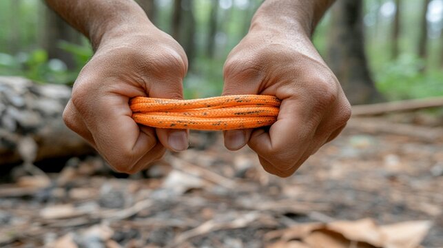 Close-up of hands holding and bending orange rope in a forest setting - Powered by Adobe