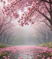 Floating pink sakura petals against a dreamy, out-of-focus spring scene , blurred, nature background, dreamy