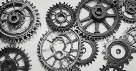 Clean white background, black outlined technical drawings of gears and cogs , photo, template