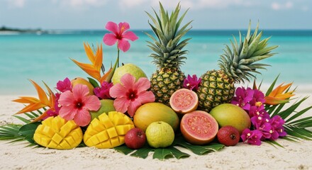 Tropical fruits and vibrant flowers arranged on a sandy beach with ocean backdrop