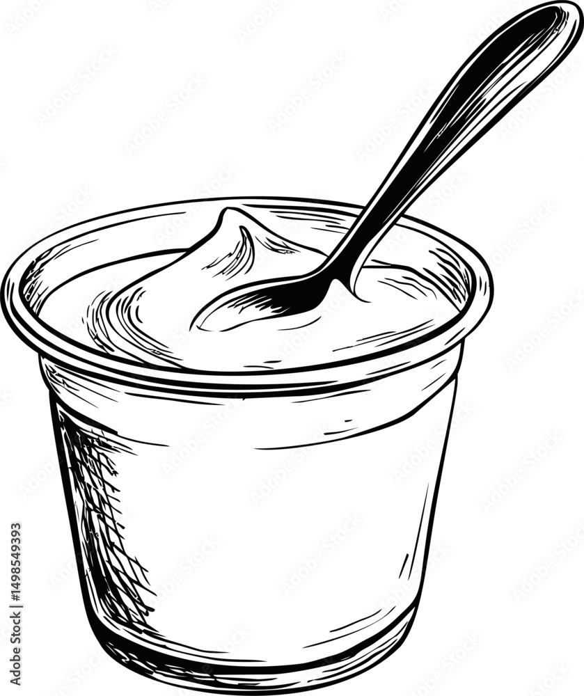 Aufkleber line drawing of a yogurt cup with a spoon showing creamy texture. vector illustration