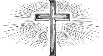 Cross with radiant beams, black and white sketch symbolizing faith. Vector illustration
