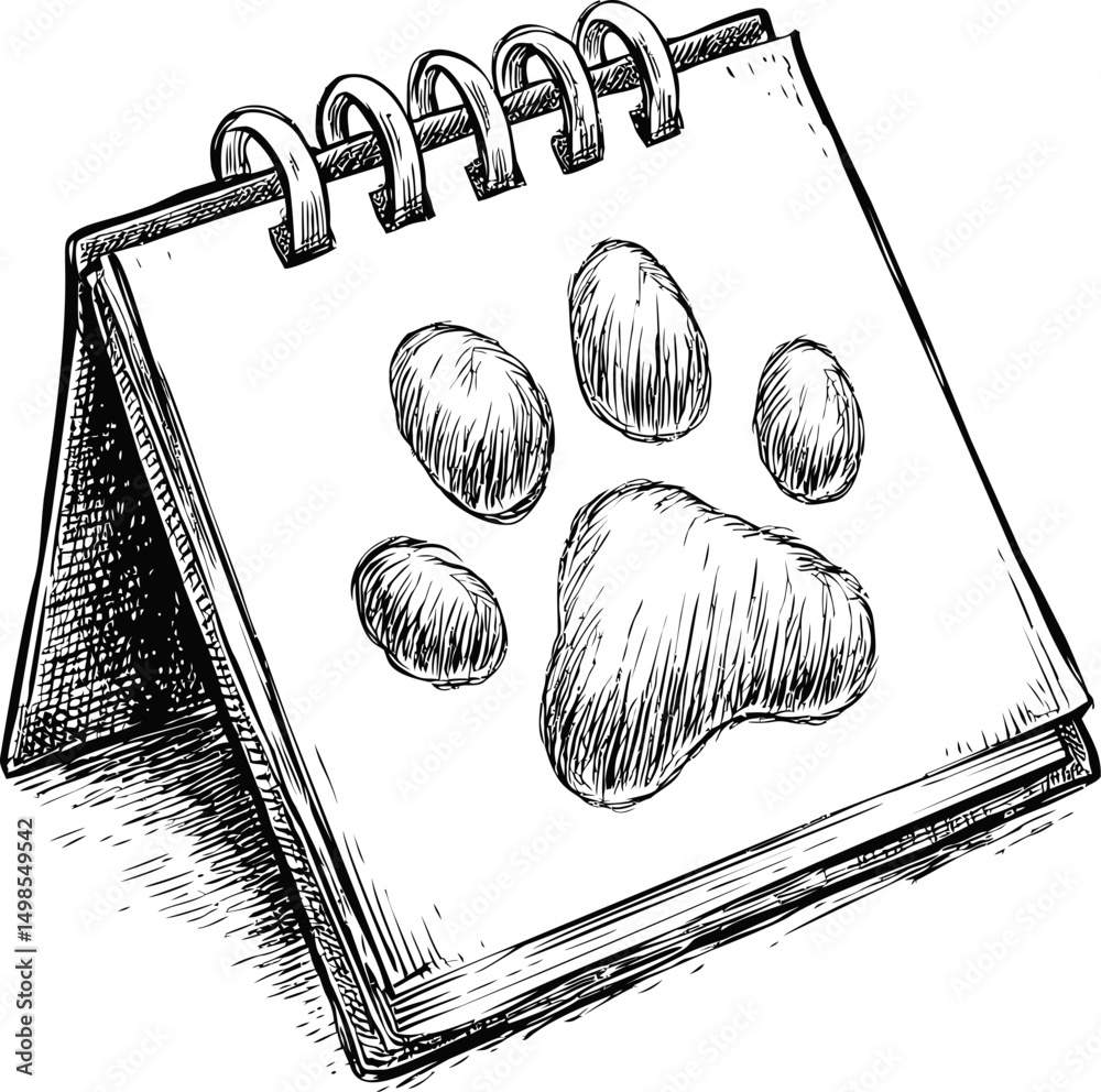 Poster illustration of a notepad with a large dog paw drawn in black and white, sketch style. vector illust