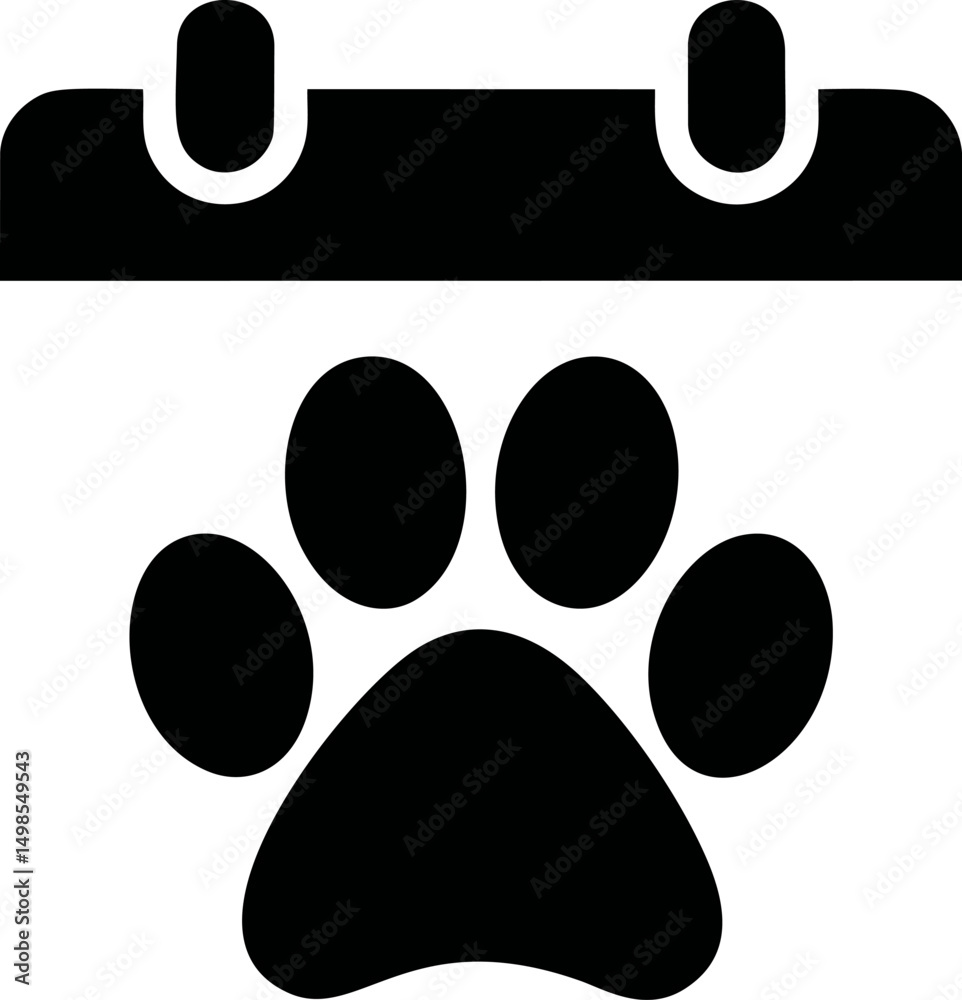 Poster black paw print on a calendar icon in simple monochrome style. vector illustration