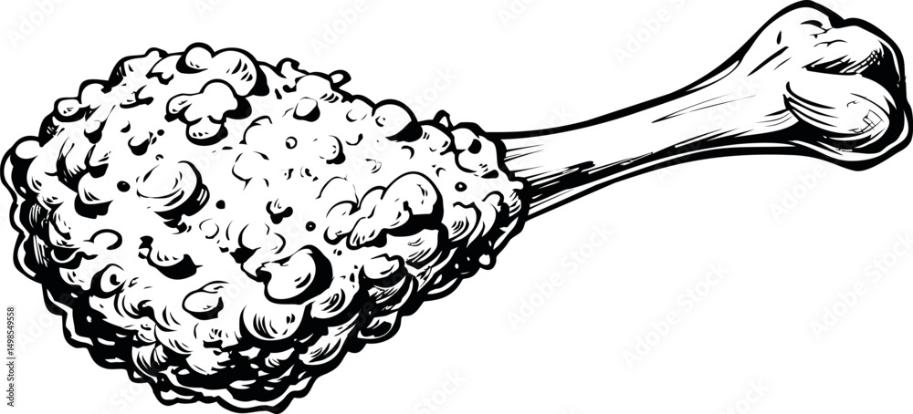 Poster black and white sketch of a fried chicken drumstick with detailed texture. vector illustration