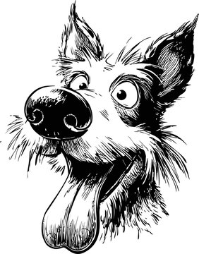 Playful cartoon dog illustration with a happy expression in black and white. Vector illustration
