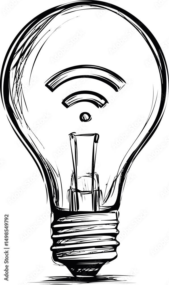 Poster Light bulb with wifi symbol inside in black and white sketch drawing. Vector illustration