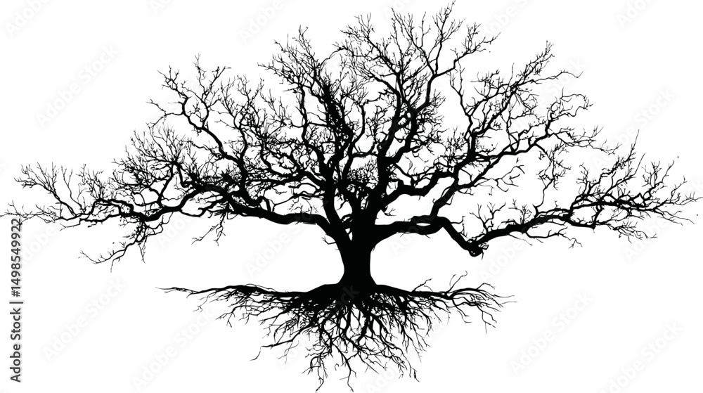 Aufkleber silhouette of a large tree with extensive branches and roots. vector illustration