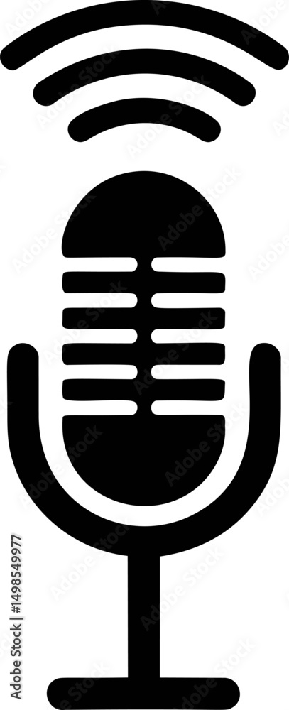 Poster black microphone icon with wifi signal lines above. vector illustration