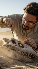 Fototapeta premium Man wearing glasses carefully cleans excavated dinosaur fossil skull with tools in dusty desert field. Archeology and paleontology research