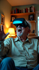 Elderly man experiences VR for the first time with genuine wonder. Heartwarming tech discovery. 4K isolated footage for ads and social media.