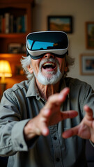 Elderly man experiences VR for the first time with genuine wonder. Heartwarming tech discovery. 4K isolated footage for ads and social media.