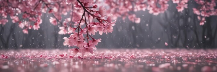 Mesmerizing pink sakura petal rain, soft focus background,  wallpaper,  serenity