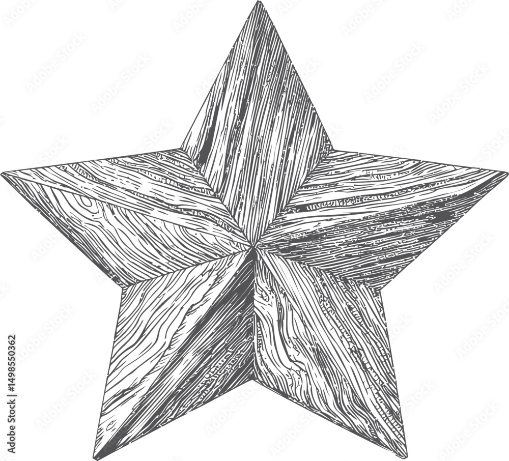 Poster illustration of a wood-textured star with detailed linear patterns. vector illustration