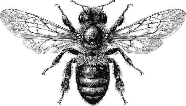 Detailed black and white illustration of a bee with delicate wings and texture. Vector illustration