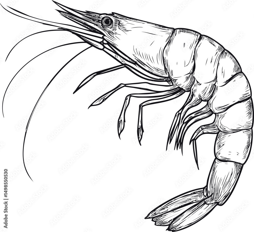 Aufkleber monochrome sketch of a shrimp with detailed lines and artistic precision. vector illustration