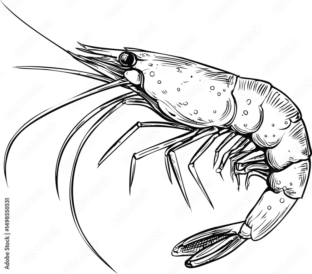Aufkleber detailed black and white line drawing of a shrimp with intricate textures. vector illustration