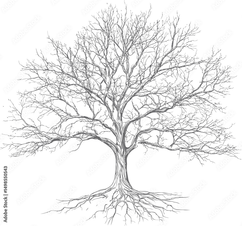 Poster intricate black and white illustration of a tree with bare branches and roots. vector illustration
