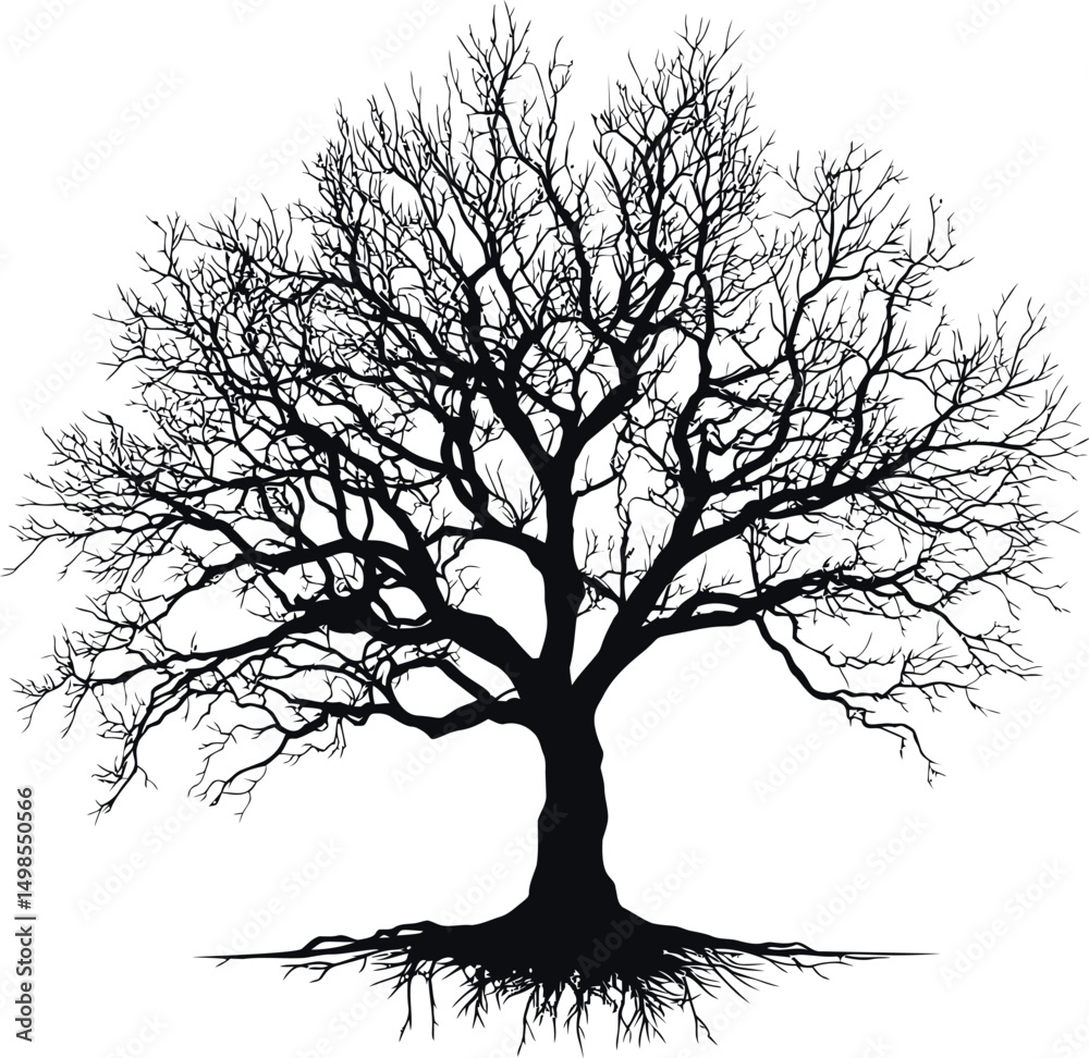 Aufkleber silhouette of a leafless tree with roots against. vector illustration