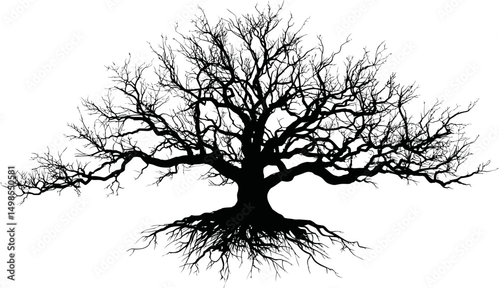 Aufkleber Silhouette of a bare tree with branches and roots. Vector illustration