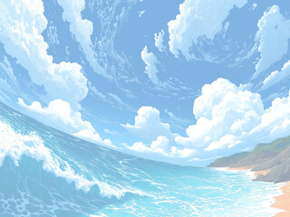 夏の青空と入道雲が広がる海辺の風景イラスト アニメ風 爽やかなビーチ 背景